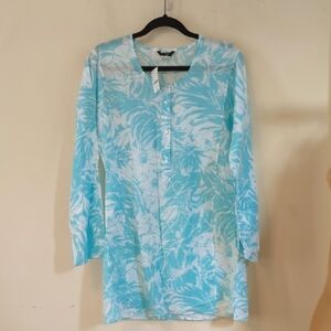 J. Crew Aqua White 3/4 Button Neck Long Sleeve Lightweight Tunic M